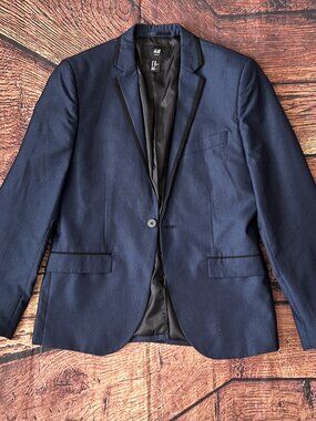 H&M Men's Navy Blazer Black Lapel Trim Size 40R EU 50 Sport Coat